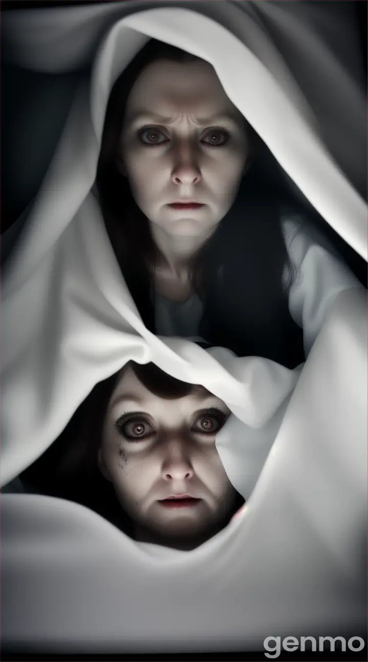 A frightened couple, a man and a woman, look terrified as they see a ghostly, pale woman's face emerging from beneath the bed.