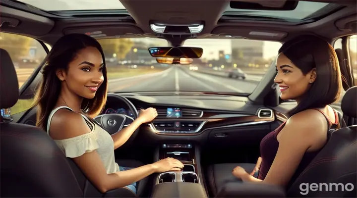 A 27-year-old man is driving a car with focused attention, while a 28-year-old woman, seated beside him, is engaged in a lively conversation. The man has short, dark hair, wears a casual T-shirt, and has a slight smile on his face. The woman, with long hair and a cheerful expression, is leaning slightly towards him as she talks. The car's interior is modern, with a dashboard showing the road ahead. The scene captures a warm, friendly atmosphere during a casual drive.