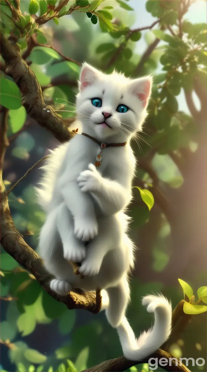 Animated 3d, a white white little tiny kitten is swinging in the branch of a tree, bright vibrant colours, high resolution, 9:16 ratio