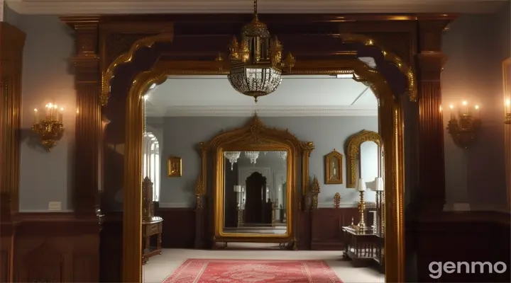 Describe the large mirror that वीर encountered in the mansion's main hall.