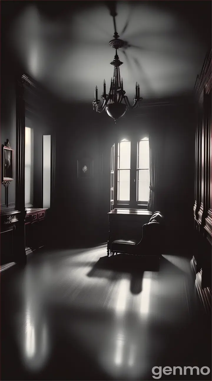 The room is dimly lit, with shadows casting a spooky atmosphere