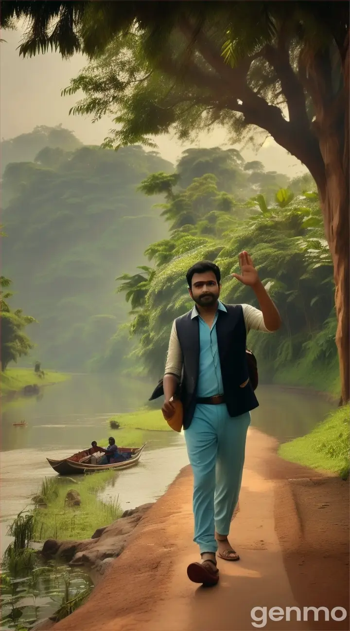 Rohit leaving for the city: Rohit with a suitcase, waving goodbye to Suman as he leaves the village, with Suman standing by the river, looking sad but hopeful.