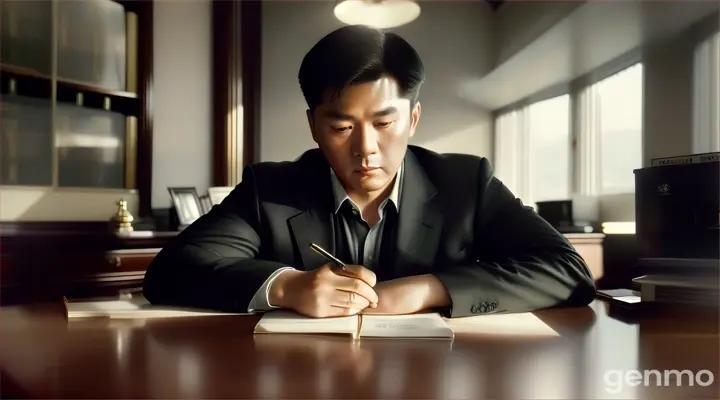 Cinematic, Dong-hyun reflecting alone in his office, realistic photography, thoughtful and contemplative atmosphere, soft evening light --ar 16:9