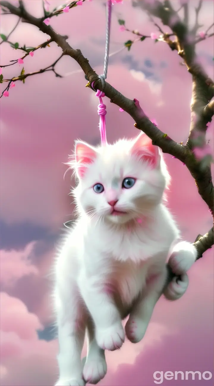 White kitten swinging from a branch over fluffy pink  clouds, 9:16 ratio