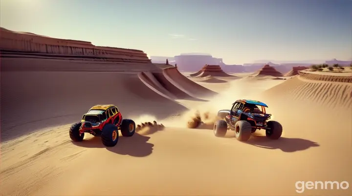 “Lilliputian monster trucks racing over desert dunes in a tiny amphitheater, toddler audience in awe”