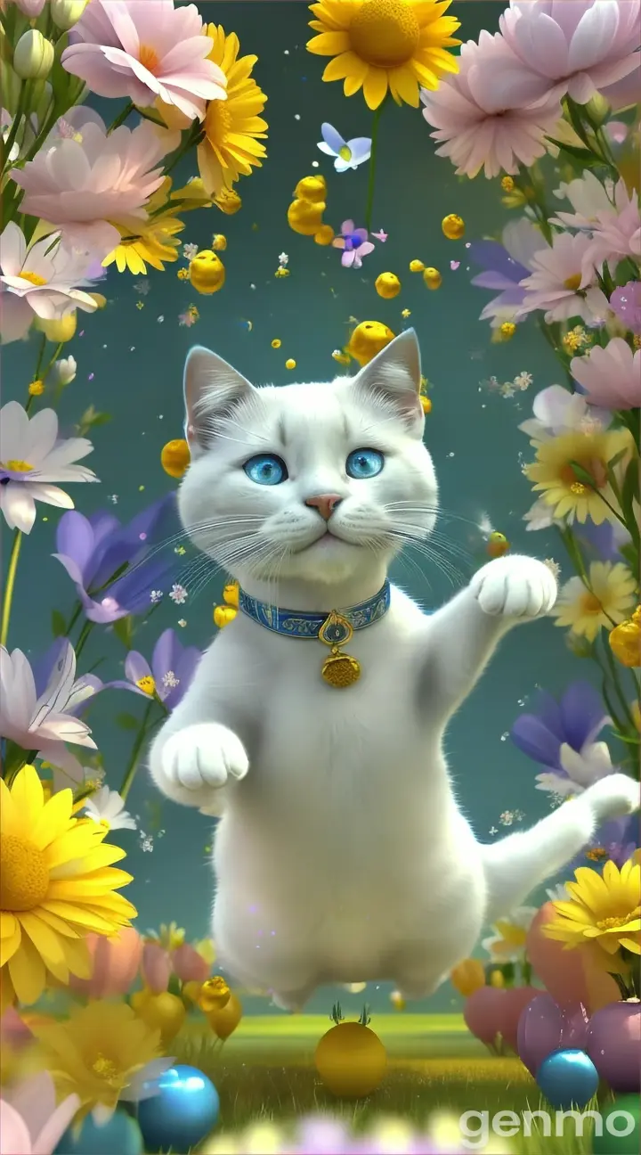 Draw a 3D cartoon video of a little white cat with big blue eyes jumping high in the air to catch shiny golden balls flying around in a garden full of flowers on a sunny day. The cat's expression should be very happy and the background should be colorful and lively