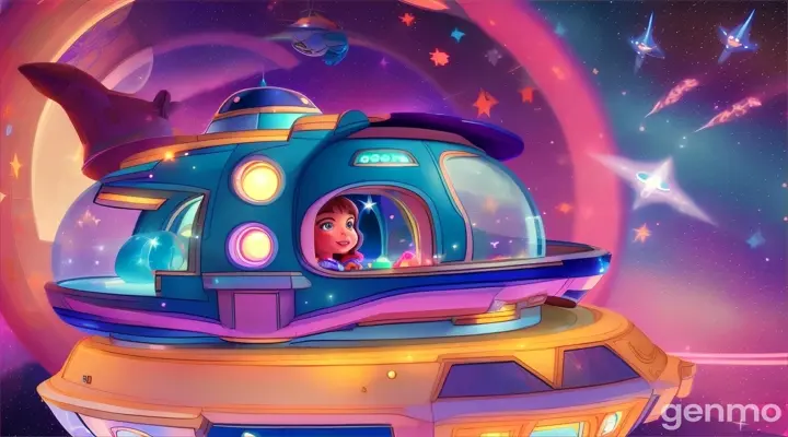 On a clear night, when the stars were twinkling like diamonds, Layla climbed into her imaginary spaceship. She said out loud, "Ready for launch!" then closed her eyes and imagined herself flying high, high up.3d cartoon , the same girl