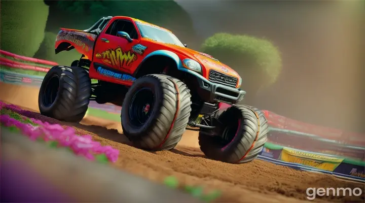 Monster trucks racing through a garden, with tiny furniture for audience seating, amidst blooming flowers