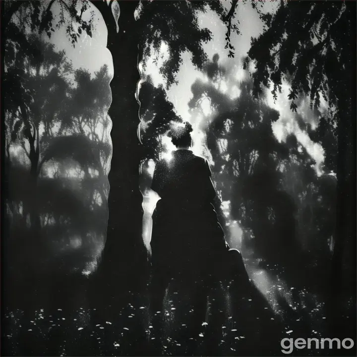 a black and white photo of a person under a tree