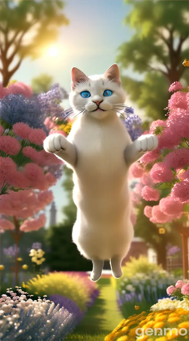 Draw a 3D cartoon video of a little white cat with big blue eyes jumping high in the air to catch shiny golden balls flying around in a garden full of flowers on a sunny day. The cat's expression should be very happy and the background should be colorful and lively