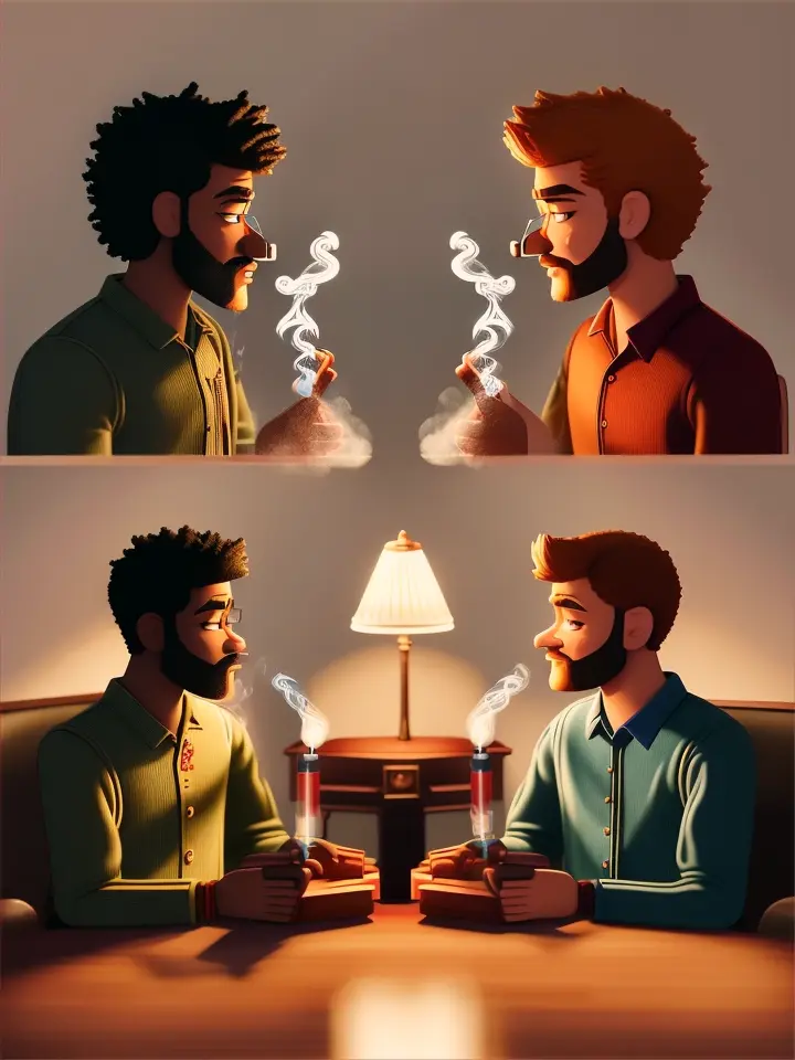  in separate yet identical frames, depict best friends kavin and brandon - neighbors ensconced in their individual homes, each engaged in the solitary act of smoking, claymation style