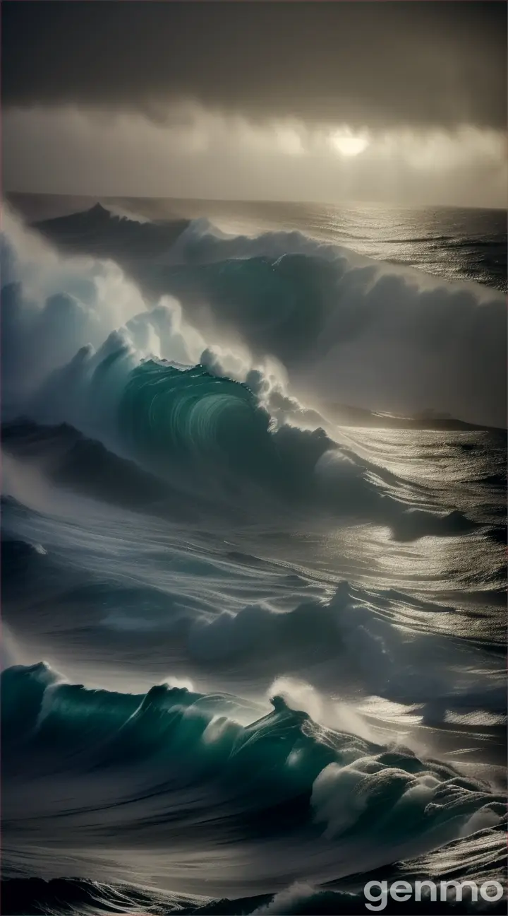 A 3d dark Atlantic ocean with waves in black edition with fog view