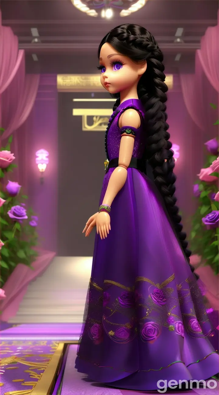 A little baby girl like doll animated 3d, is walking down the ramp in beautiful vibrant purple colour long gown beautifully designed with purple roses, looks original roses, she is very beautiful with bright big blue eyes and long black hair tied in long braids like exact models, very intelligent looks, beautiful glowing lighting effects in background, walking down very smartly, 9:16 ratio