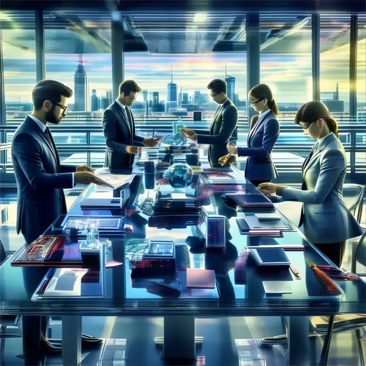 a group of people standing around a table