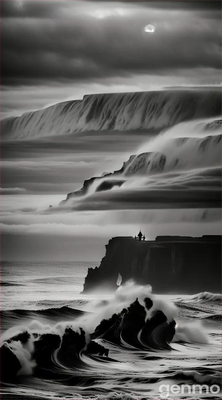 A mysterious, dark seascape with towering waves black edition 