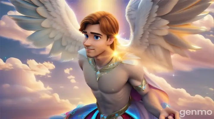 The male angel of the Lord floating lightly with luminous wings and a glowing aura, speaking to Manoah's wife, who is kneeling, looking at him with a mixture of reverence and awe. 16:9. 3D Disney/Pixar cartoon.