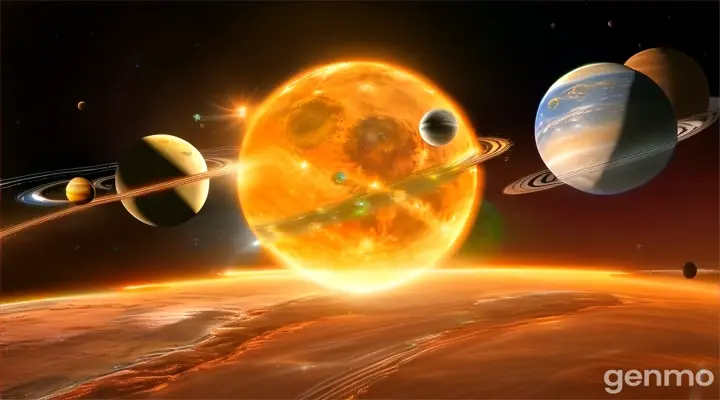 a solar system with four planets in the background