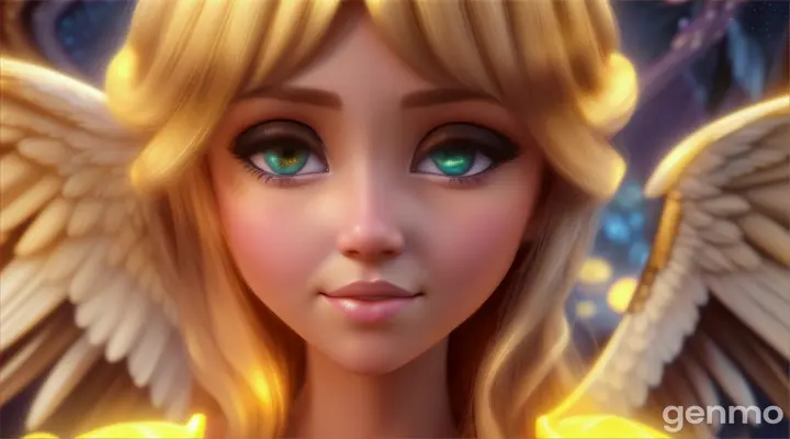 Close-up of Manoah's wife's face, with large, expressive eyes and an expression of surprise and wonder, as the angel of the Lord, with a soft golden aura, appears before her. 16:9. 3D Disney/Pixar cartoon.
