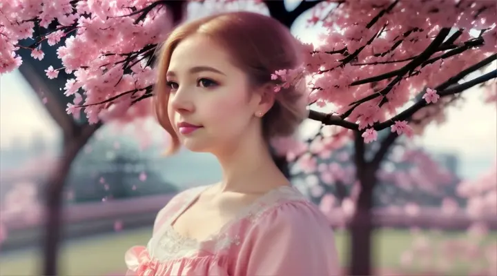 A woman looking out a glowing window, surrounded by pink cherry blossoms and a city in the clouds.