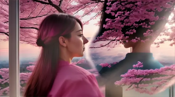 A woman looking out a glowing window, surrounded by pink cherry blossoms and a city in the clouds.