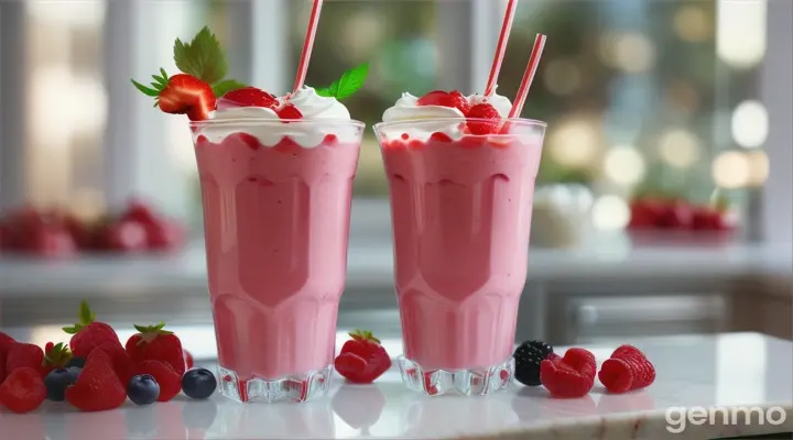 A delicious red fruit milkshake, served in a 500ml transparent plastic cup, with a transparent straw.