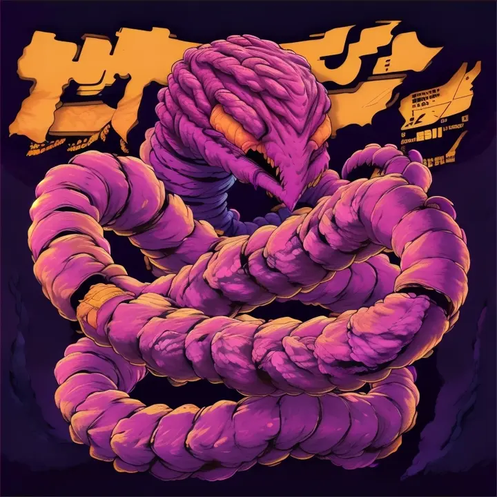 cyberworm squirming in black void with japanese, advertising style