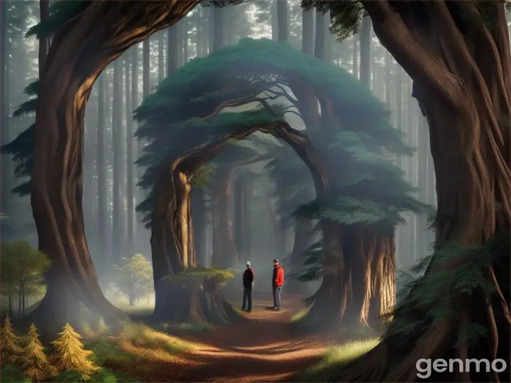 a man standing next to another man in a forest