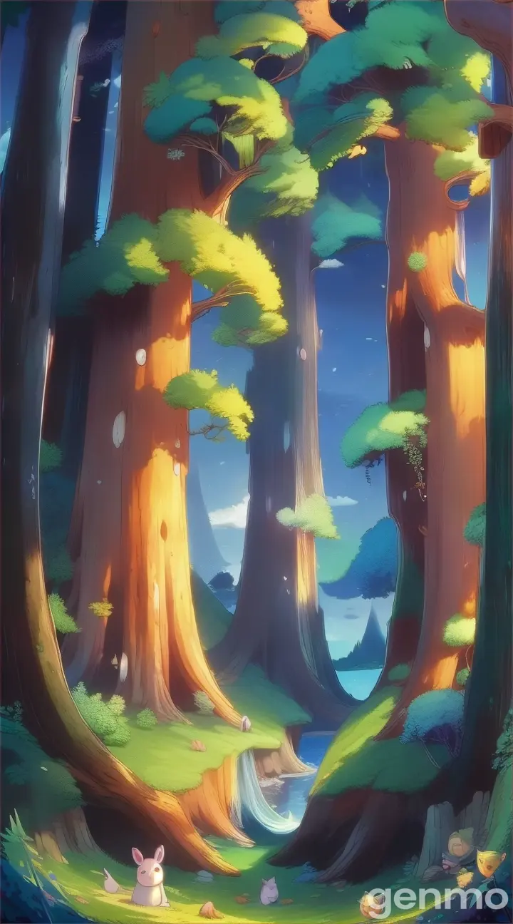 a cartoon scene of a forest with a stream