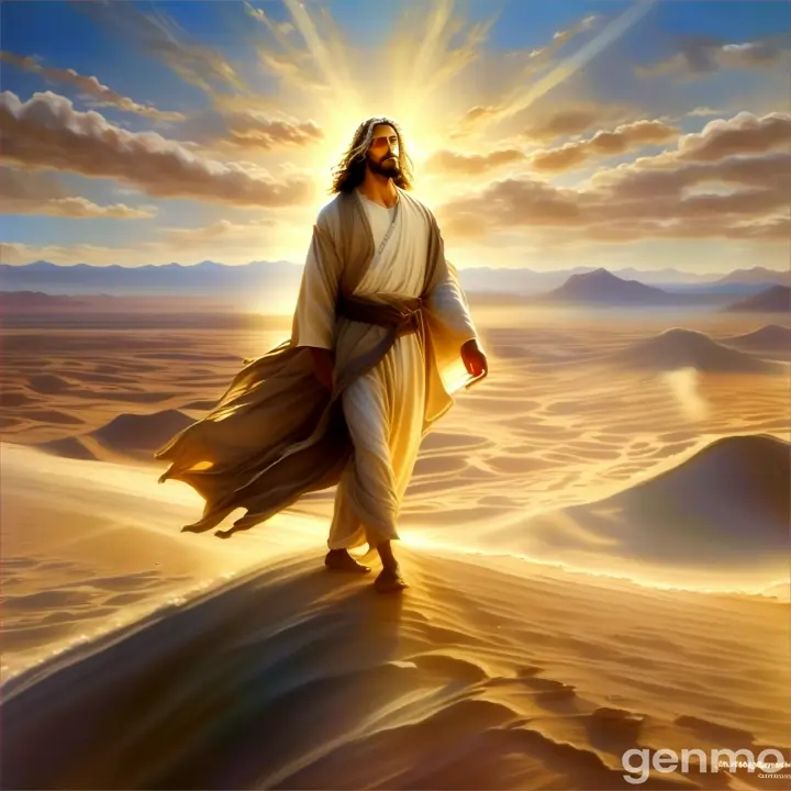 a painting of jesus walking in the desert