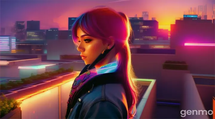 Rooftop garden in the city at sunset, ambient neon lighting, digital illustration sitting a head cover girl enjoy that movment