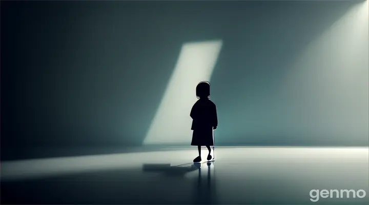 Create a video in a minimalist and atmospheric style, based on a large, dark interior space. The scene should be dominated by deep shadows, with an atmosphere evoking mystery and introspection. From the right side of the frame, a bright, white light source should partially illuminate the space, creating a strong contrast with the darkness. A small human figure, almost a silhouette, should be standing or walking towards this light, displaying a leaning posture suggesting curiosity or a journey into the unknown. The dominant color should be a desaturated shade of blue or dark green, with a simple aesthetic and focusing on the contrast between light and darkness. The animation should capture the moment of transition, revelation or search of the human figure, with a focus on the play of light and shadow.