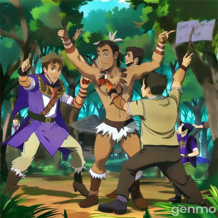 a group of people standing around each other in a forest and fighting. 