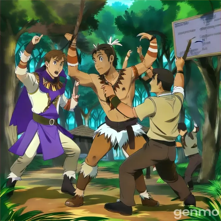 a group of people standing around each other in a forest and fighting. 