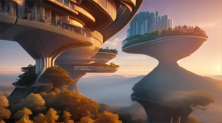 Woman standing on a futuristic treetop lookout, overlooking a bustling city built into towering trees and hills.