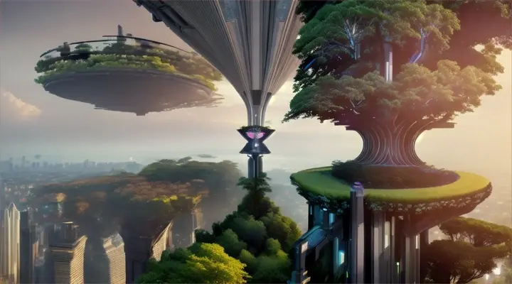 Woman standing on a futuristic treetop lookout, overlooking a bustling city built into towering trees and hills.