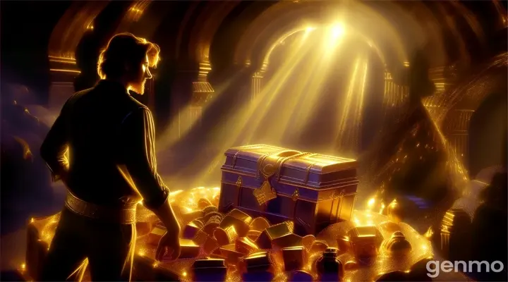 a man standing in front of a chest of gold