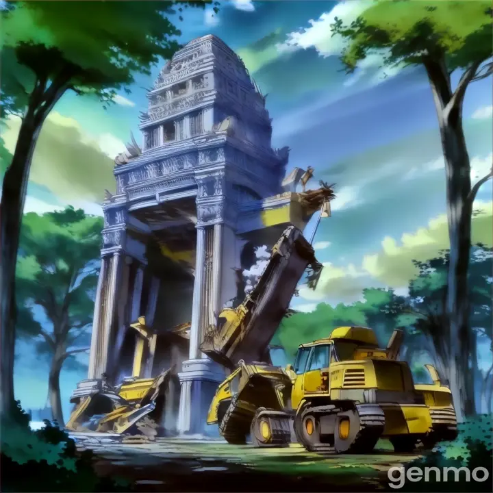 a yellow bulldozer is destroying and hitting on a building. 