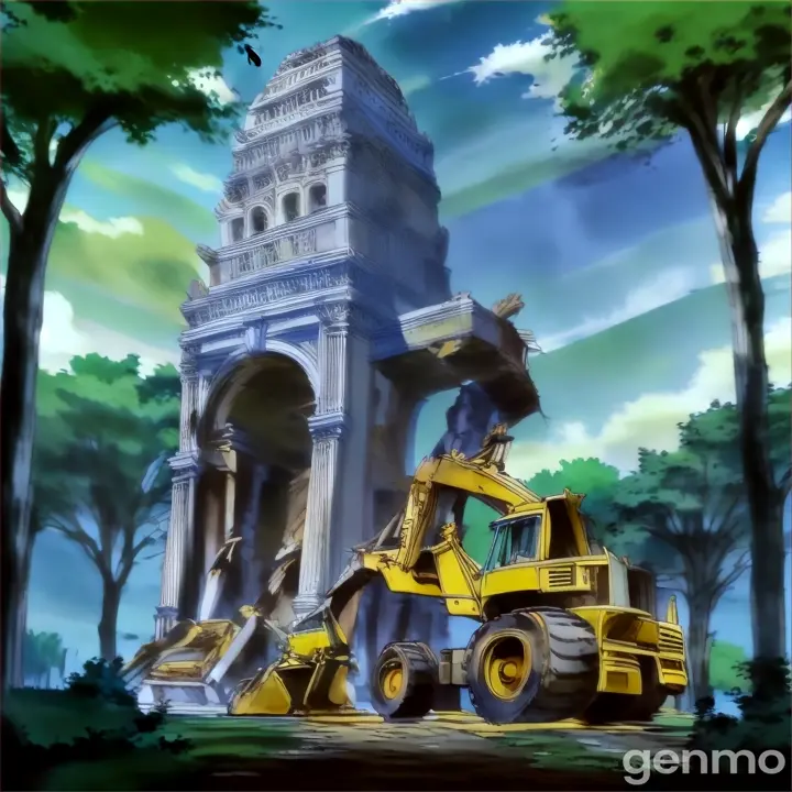 a yellow bulldozer is destroying and hitting on a building. 