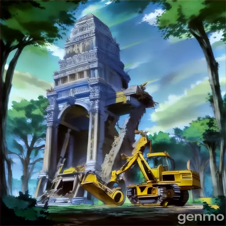 a yellow bulldozer is destroying and hitting on a building. 