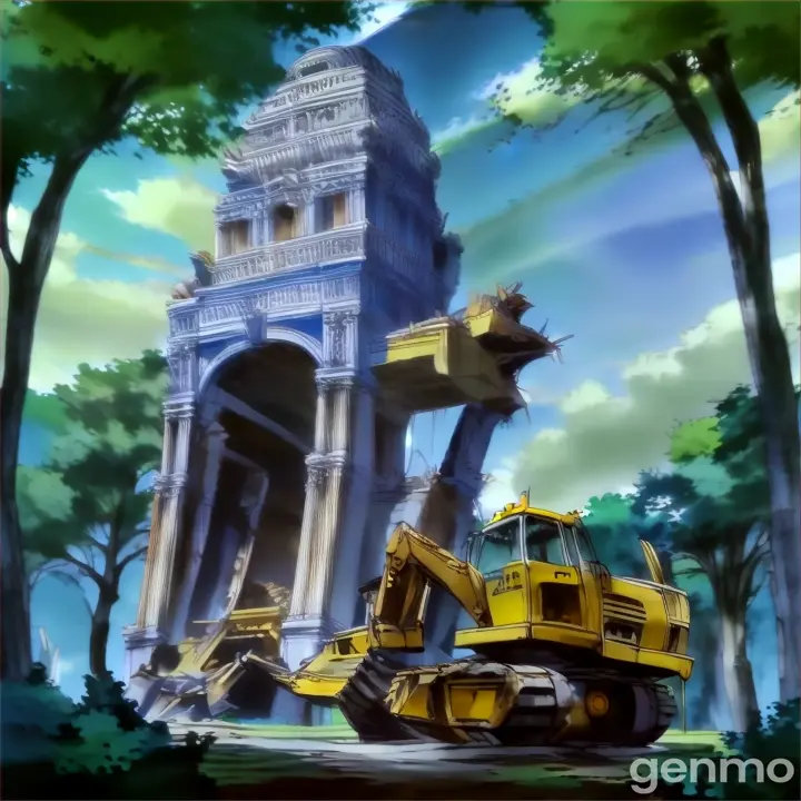 a yellow bulldozer is destroying and hitting on a building. 