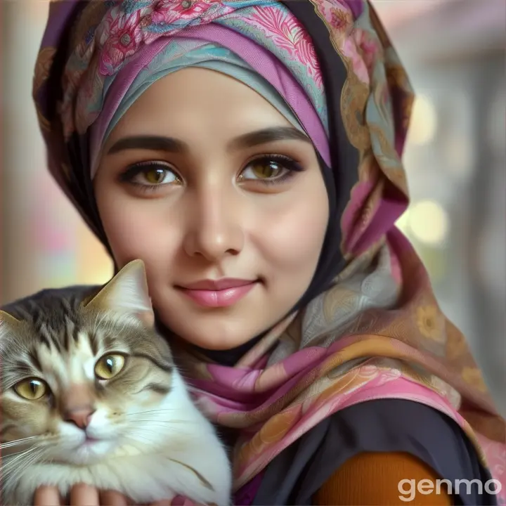 hijabi (head cover) girl loveing her cat