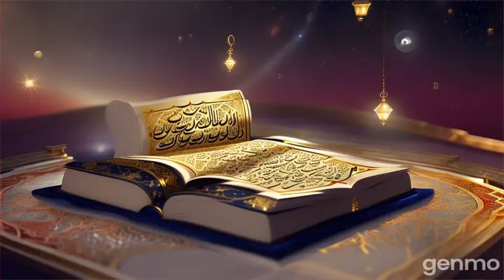 The Holy Quran with beautiful colors and the sky full of stars should be suspended in the sky at night, and the book should be closed on every side of the moon and stars, and the book should be illuminated around the book.