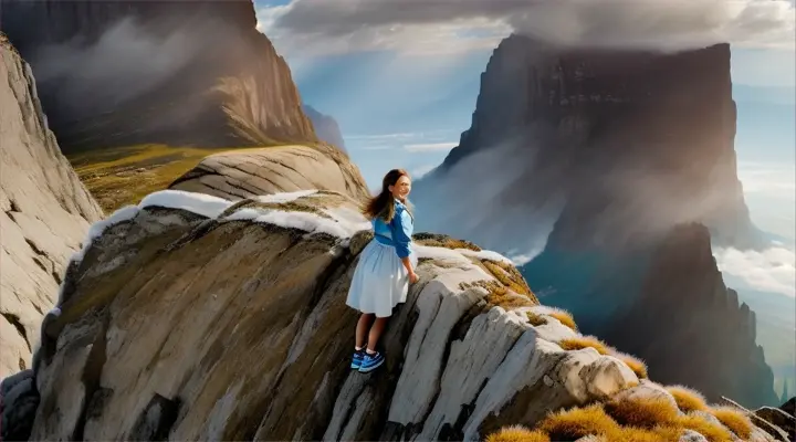 A woman standing on a mountainside cliff, overlooking a city adorned with fluffy clouds.