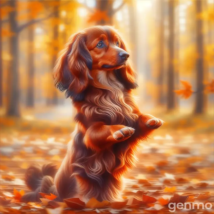 a dog standing on its hind legs in the leaves