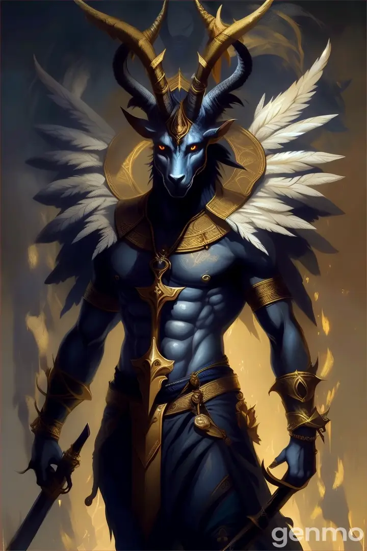 a painting of a demon with horns and a sword