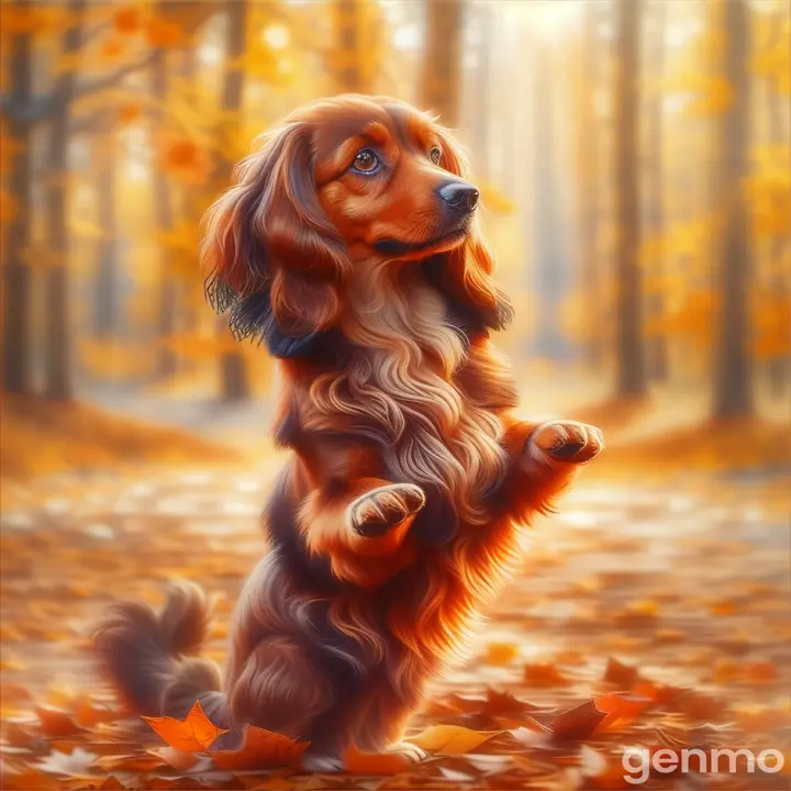 a dog standing on its hind legs in the leaves dancing 