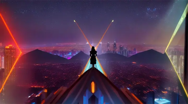 A woman standing on a sleek, futuristic gazebo, surrounded by stars and overlooking an illuminated, ultra-modern cityscape.