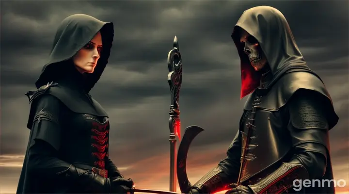 the grim reaper with female form, holding the sickle, staring at a soldier in hussar armor, medieval age