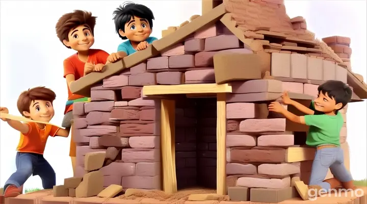 a group of kids building a brick house