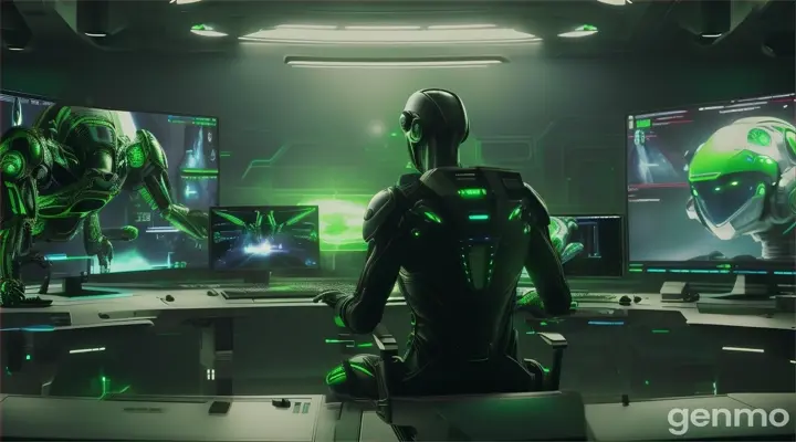 back view: alien sitting with his back to the computer, his monitor close-up, with a green screen